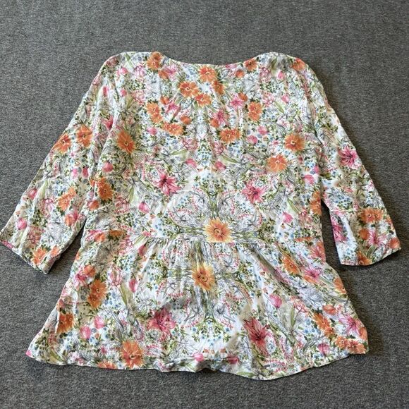 J. Jill Popover Blouse Womens Small Petite White Floral Print Rayon Ruffle Hem - Picture 2 of 7
